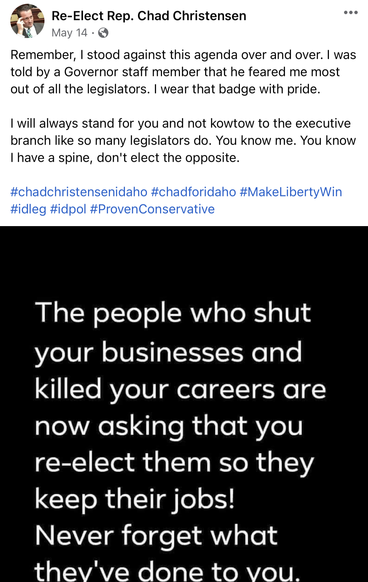 Chad Christensen Facebook post about standing against an agenda