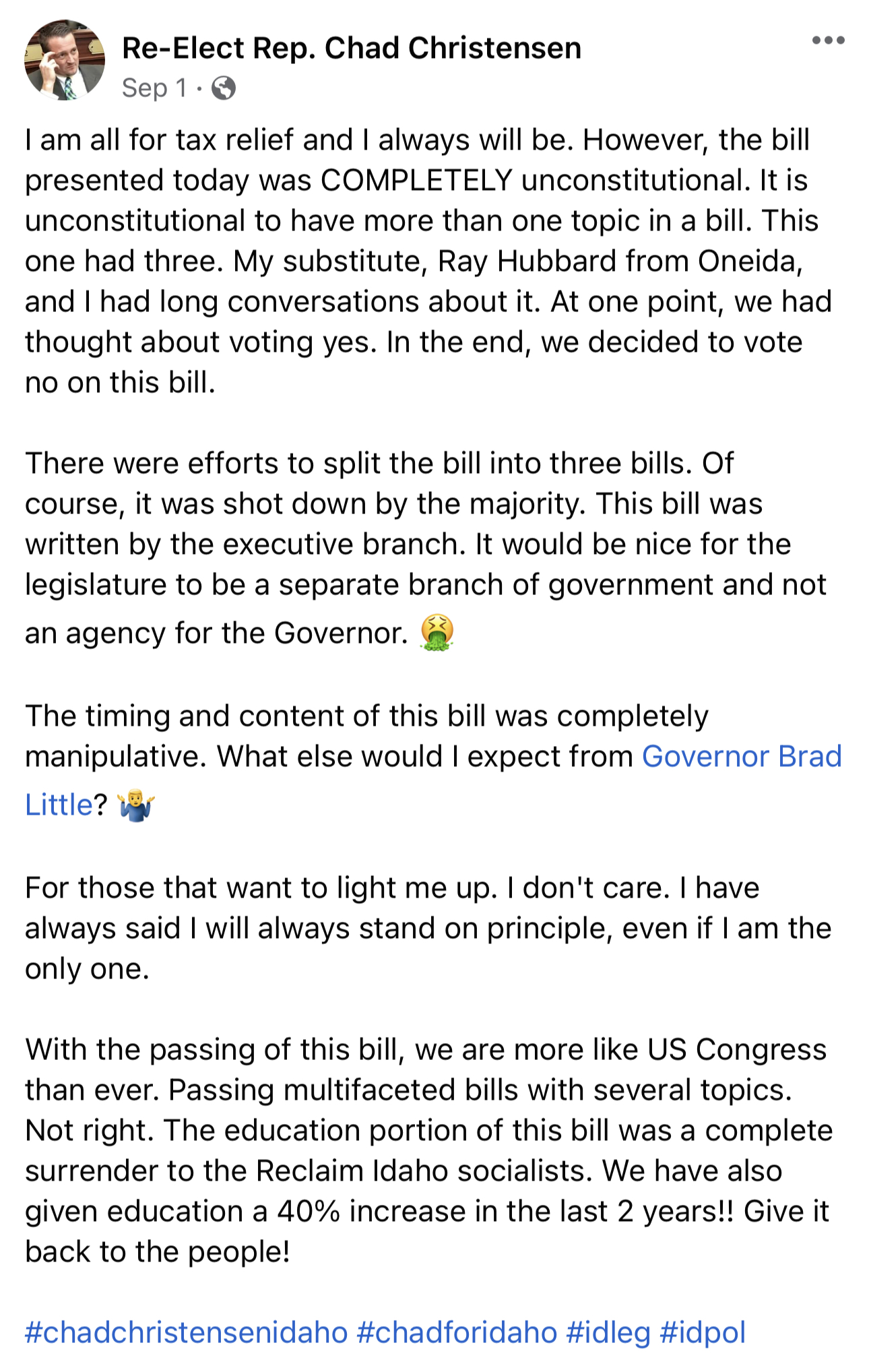 Chad Christensen Facebook post on tax relief