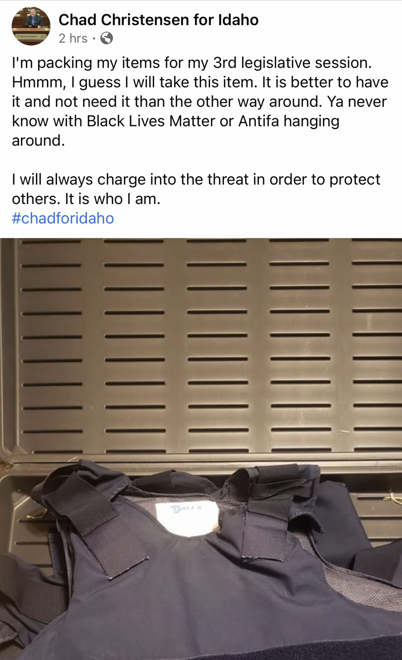 Chad Christensen Facebook post about packing for third legislative session