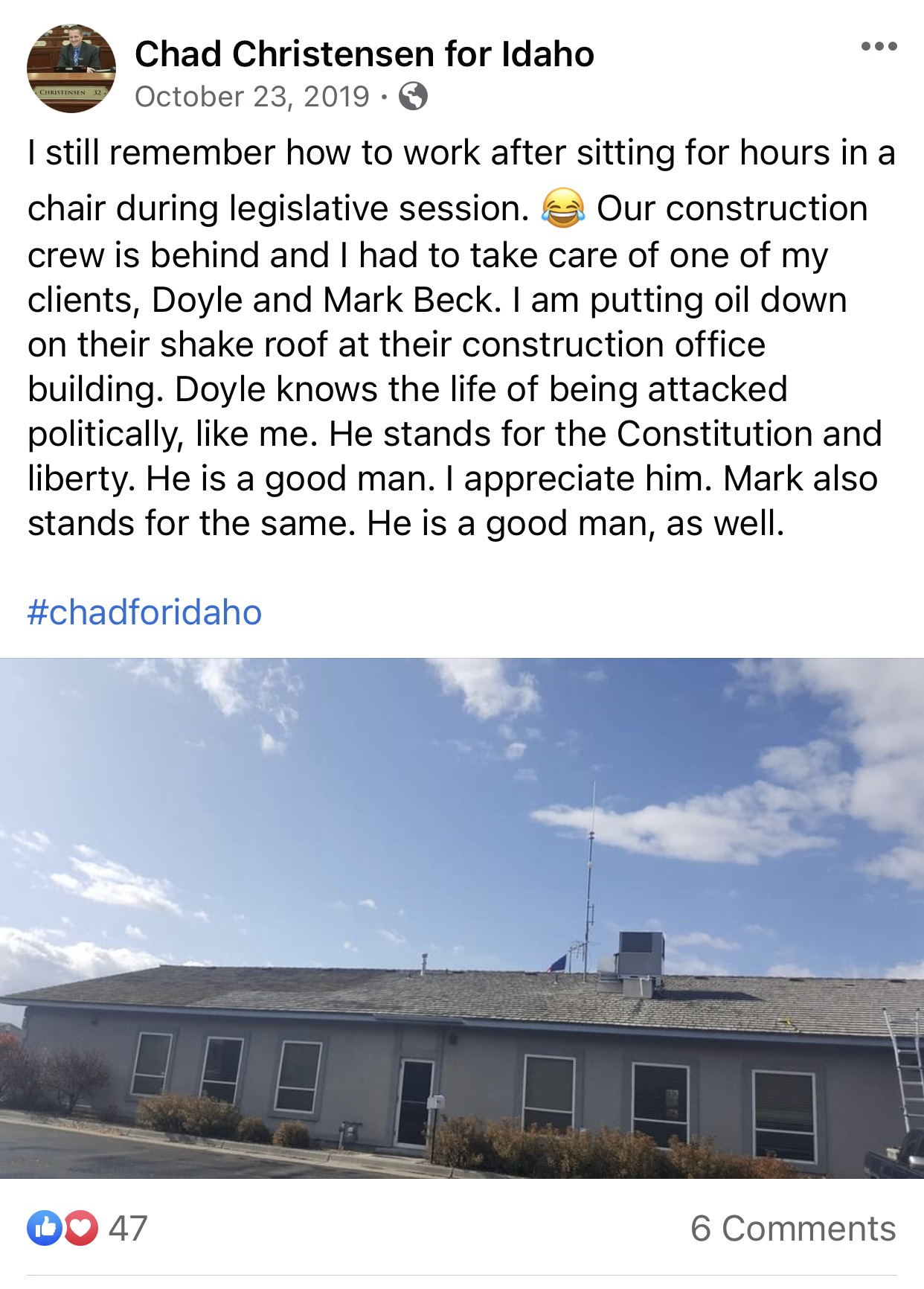 Chad Christensen For Idaho Facebook post October 2019