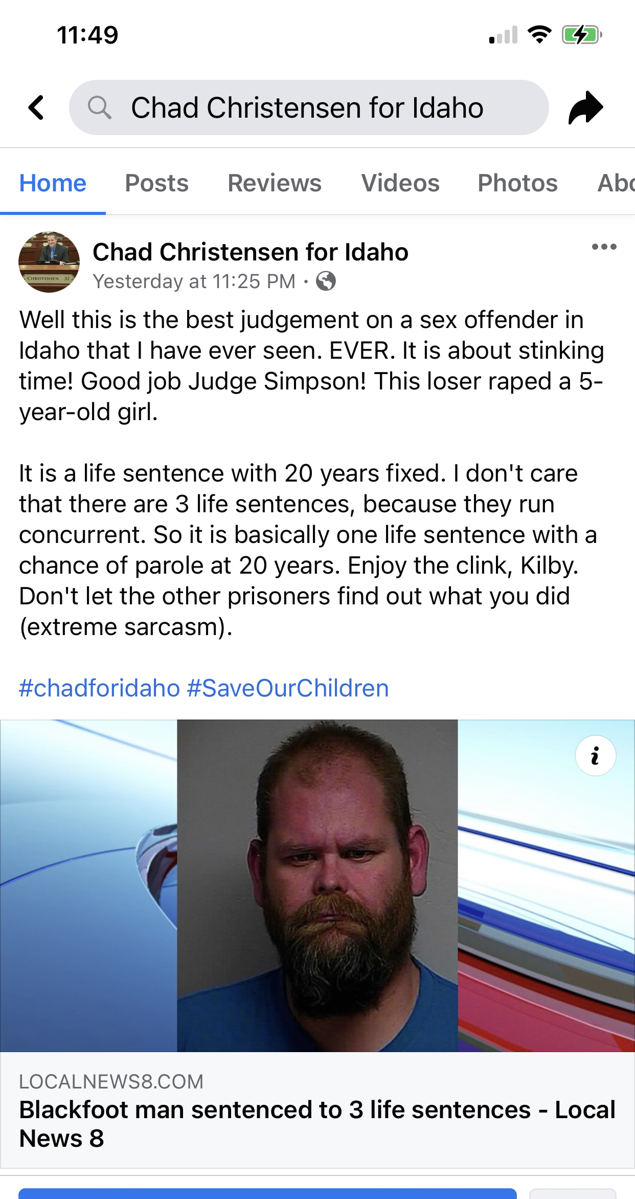 Chad Christensen For Idaho Facebook page home screenshot