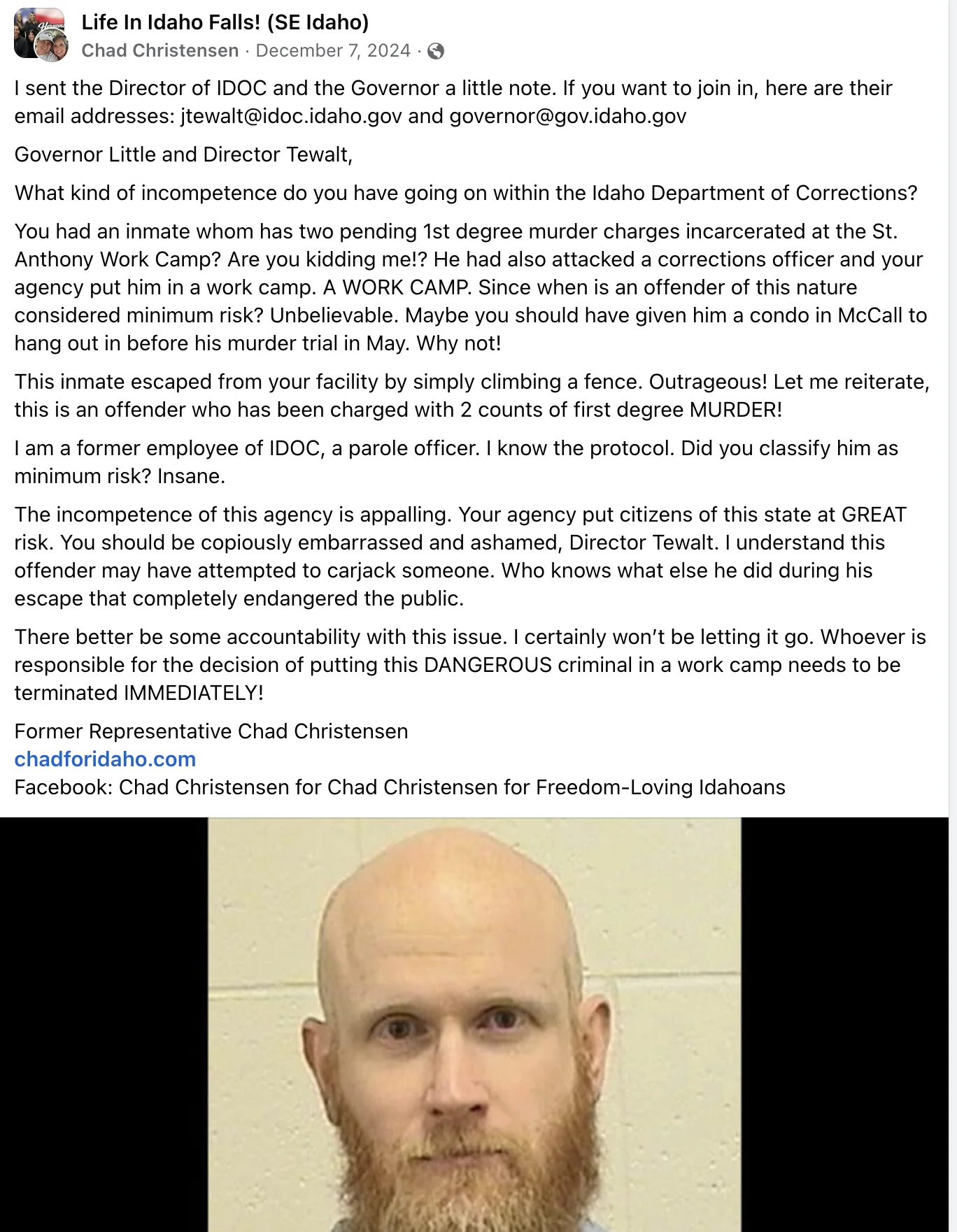 Chad Christensen Facebook post demanding IDOC terminations December 2024