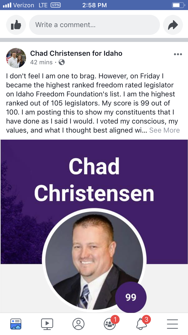 Chad Christensen bragging about being highest rated IFF legislator