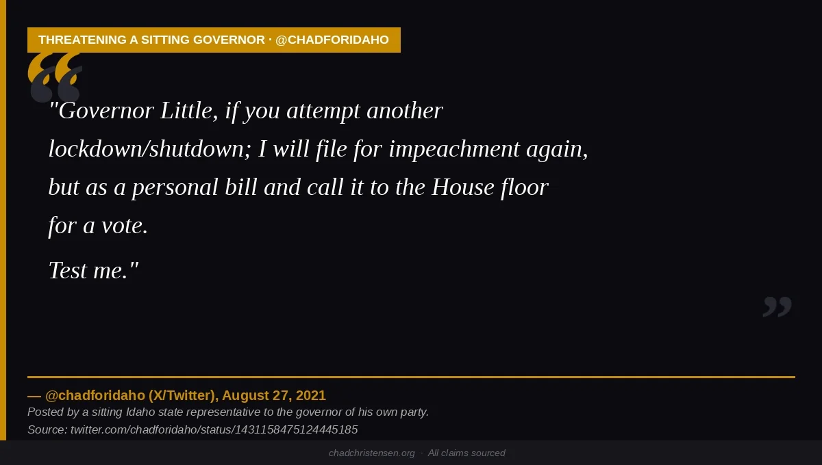 Chad Christensen 'Test Me' tweet to Governor Brad Little