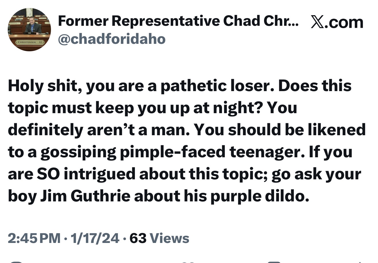 Chad Christensen Twitter post calling someone a pathetic loser and referencing Jim Guthrie's alleged affair, January 17, 2024