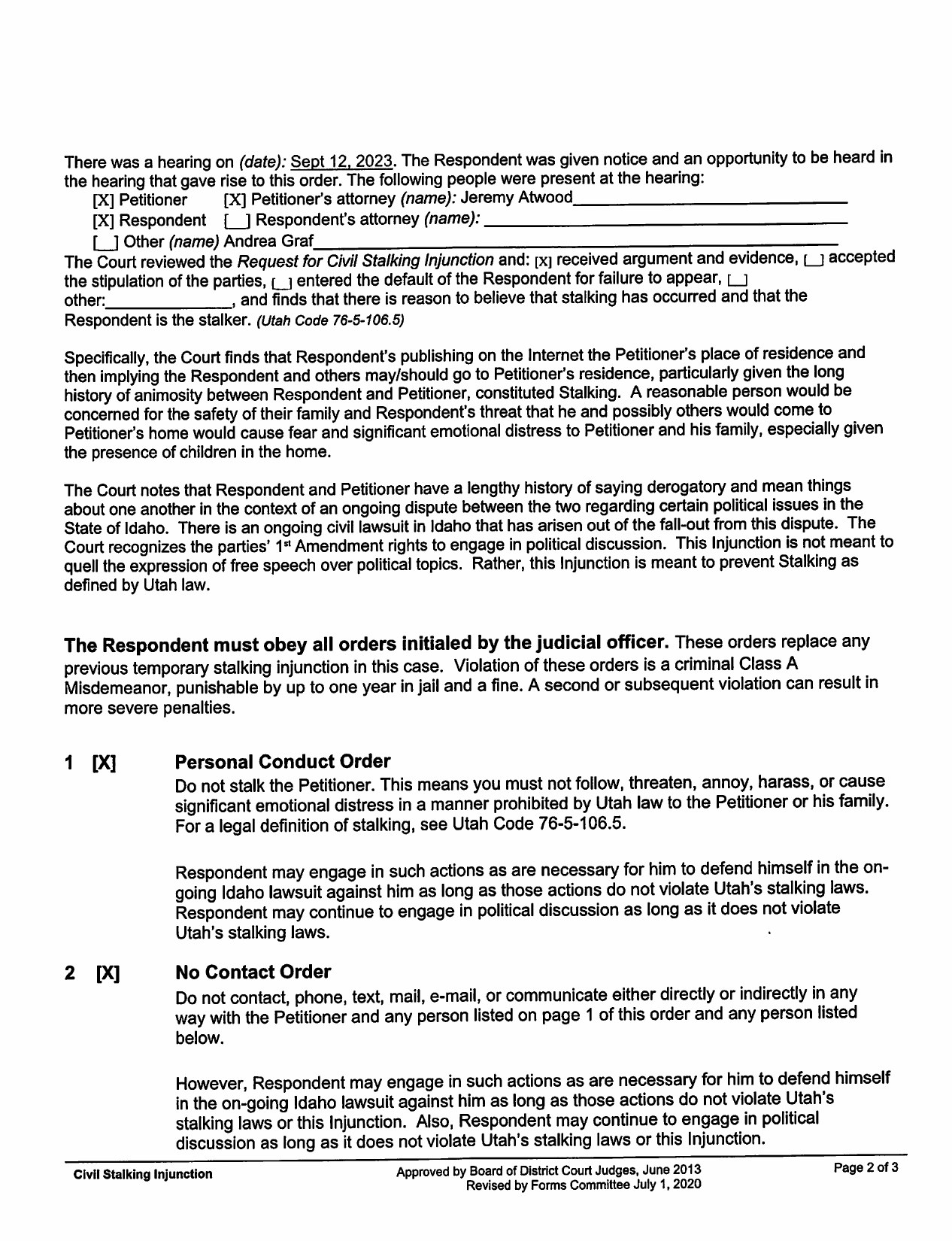 Civil Stalking Injunction findings page showing court determination that Dustin Hurst is the stalker, with Personal Conduct Order and No Contact Order checked, Case No. 230700967, Davis County Utah