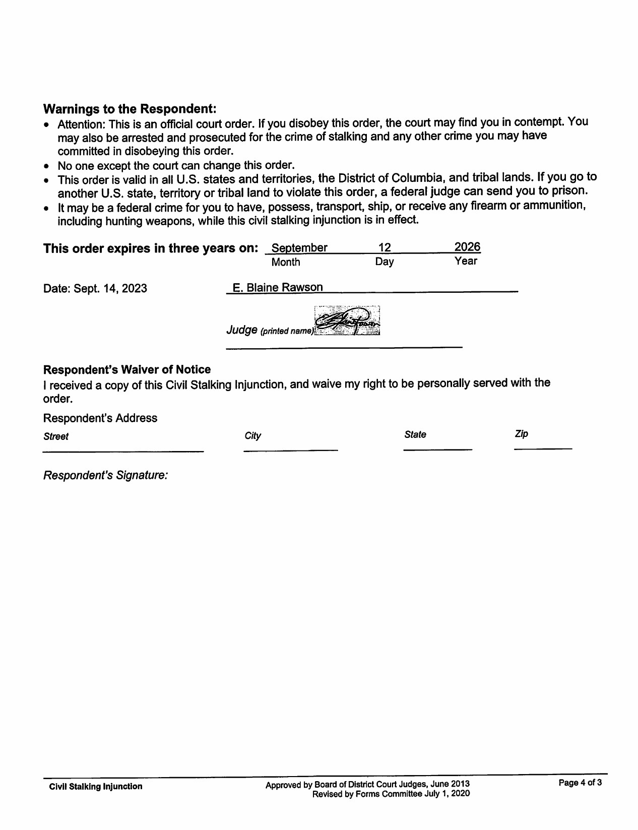 Civil Stalking Injunction signed by Judge E. Blaine Rawson, September 14, 2023, expires September 12, 2026, Case No. 230700967, Davis County Utah