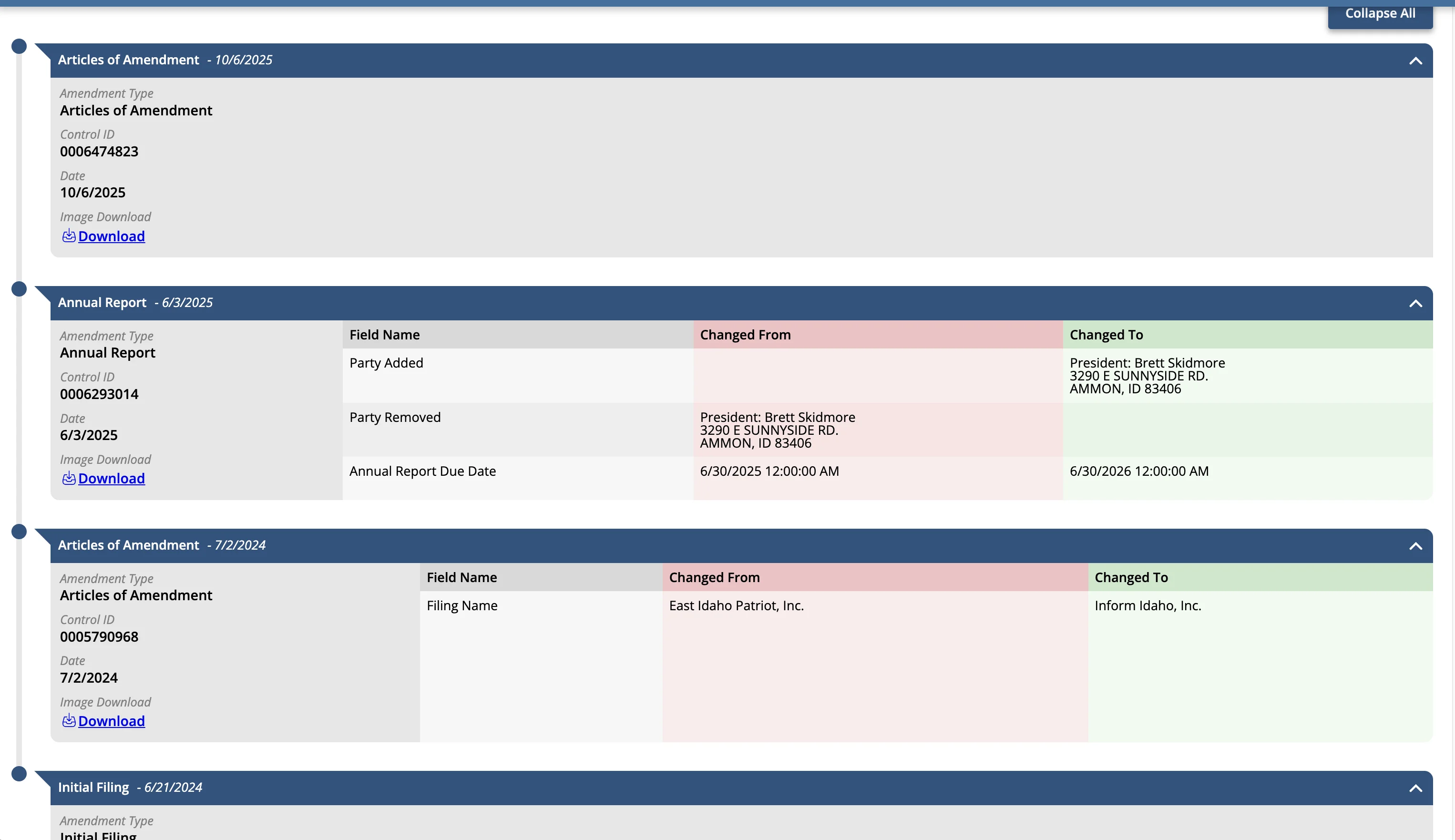 Idaho Secretary of State filing showing Inform Idaho Inc. formerly East Idaho Patriot Inc. with Brett Skidmore as officer