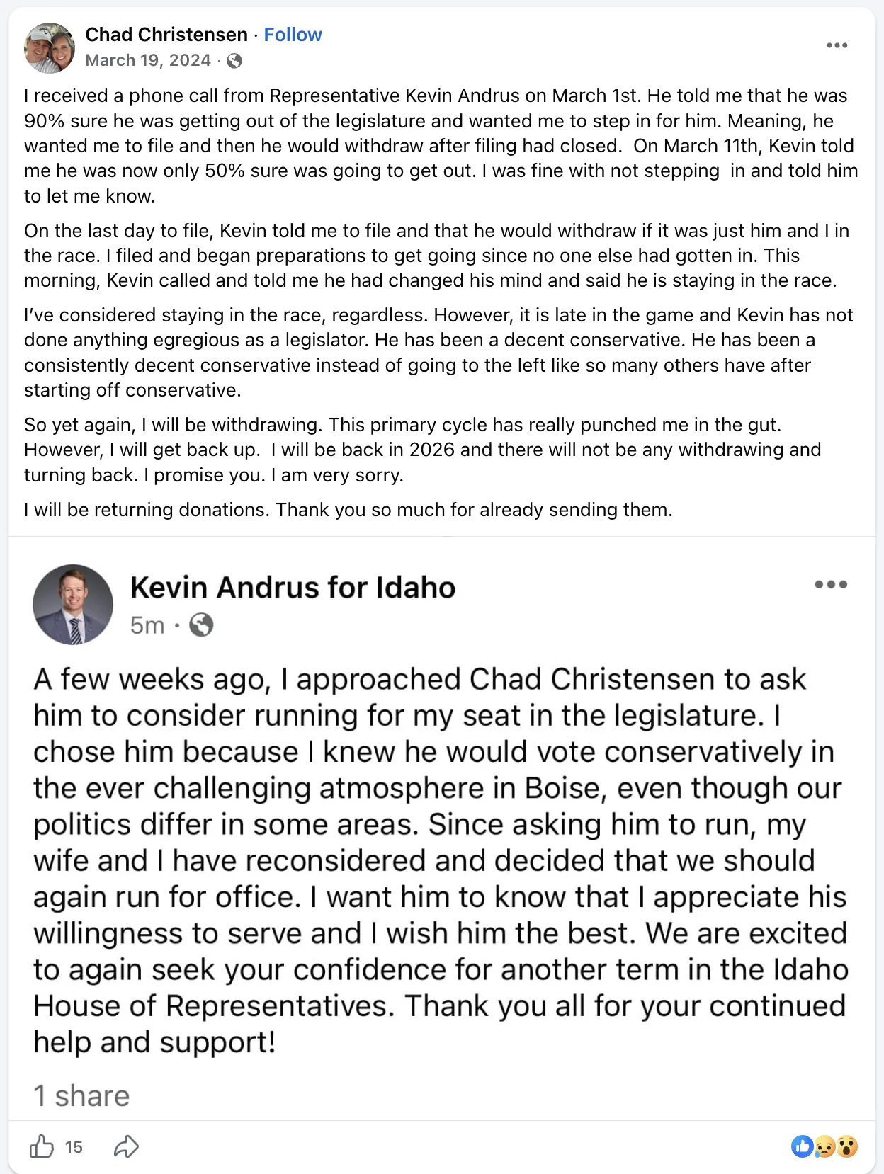 Kevin Andrus Idaho legislature Facebook post