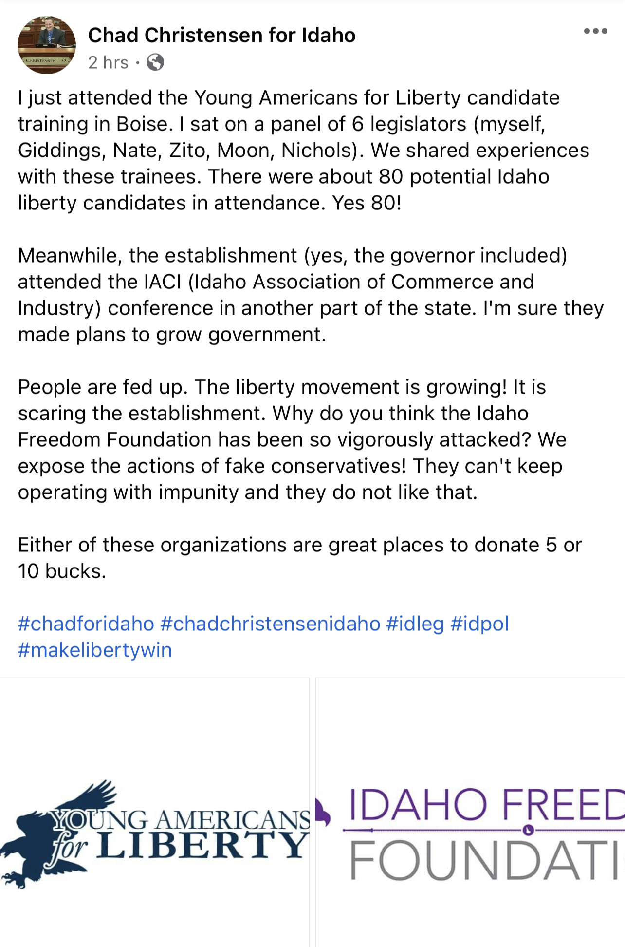 Chad Christensen For Idaho Facebook page