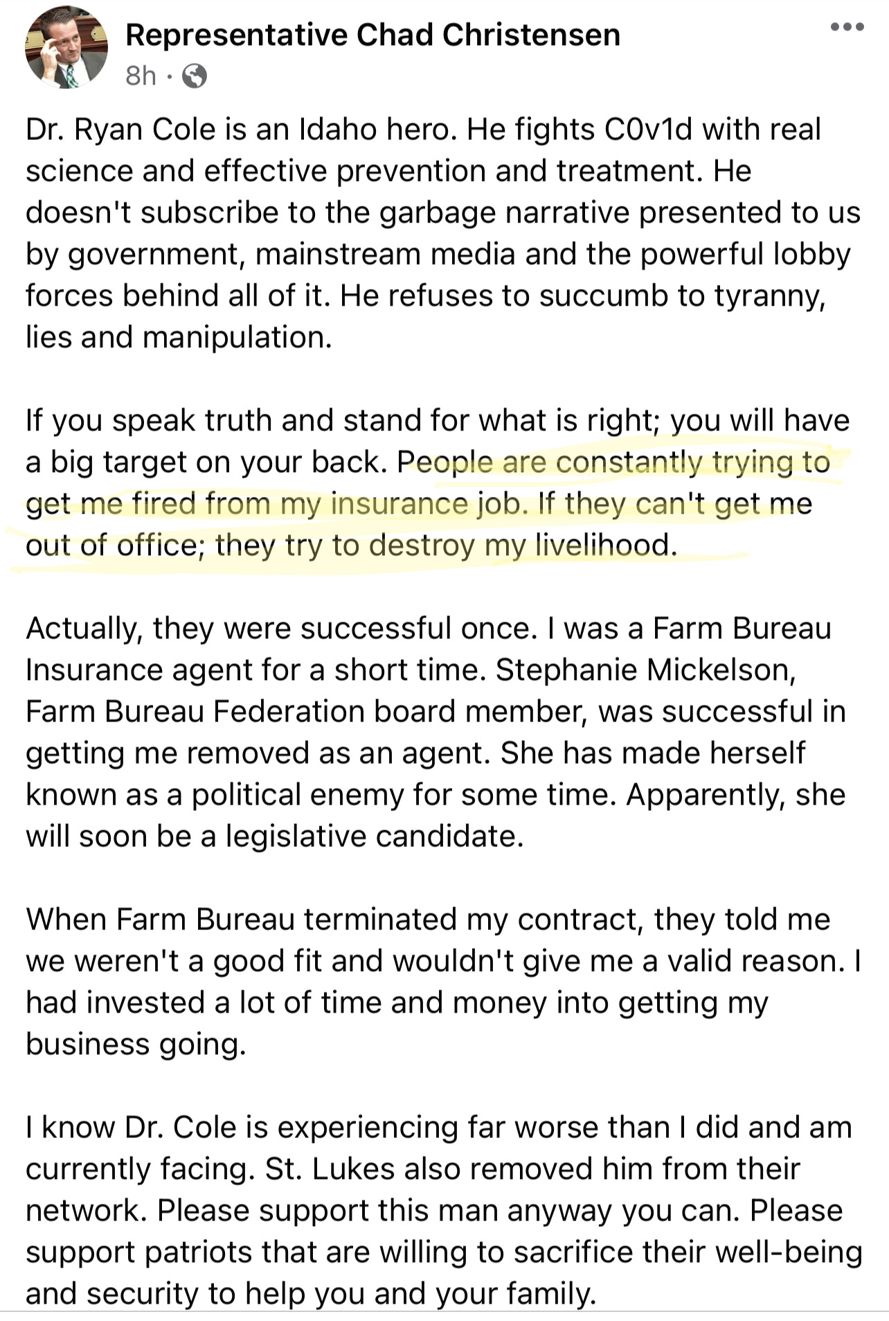 Representative Chad Christensen Facebook post 2026