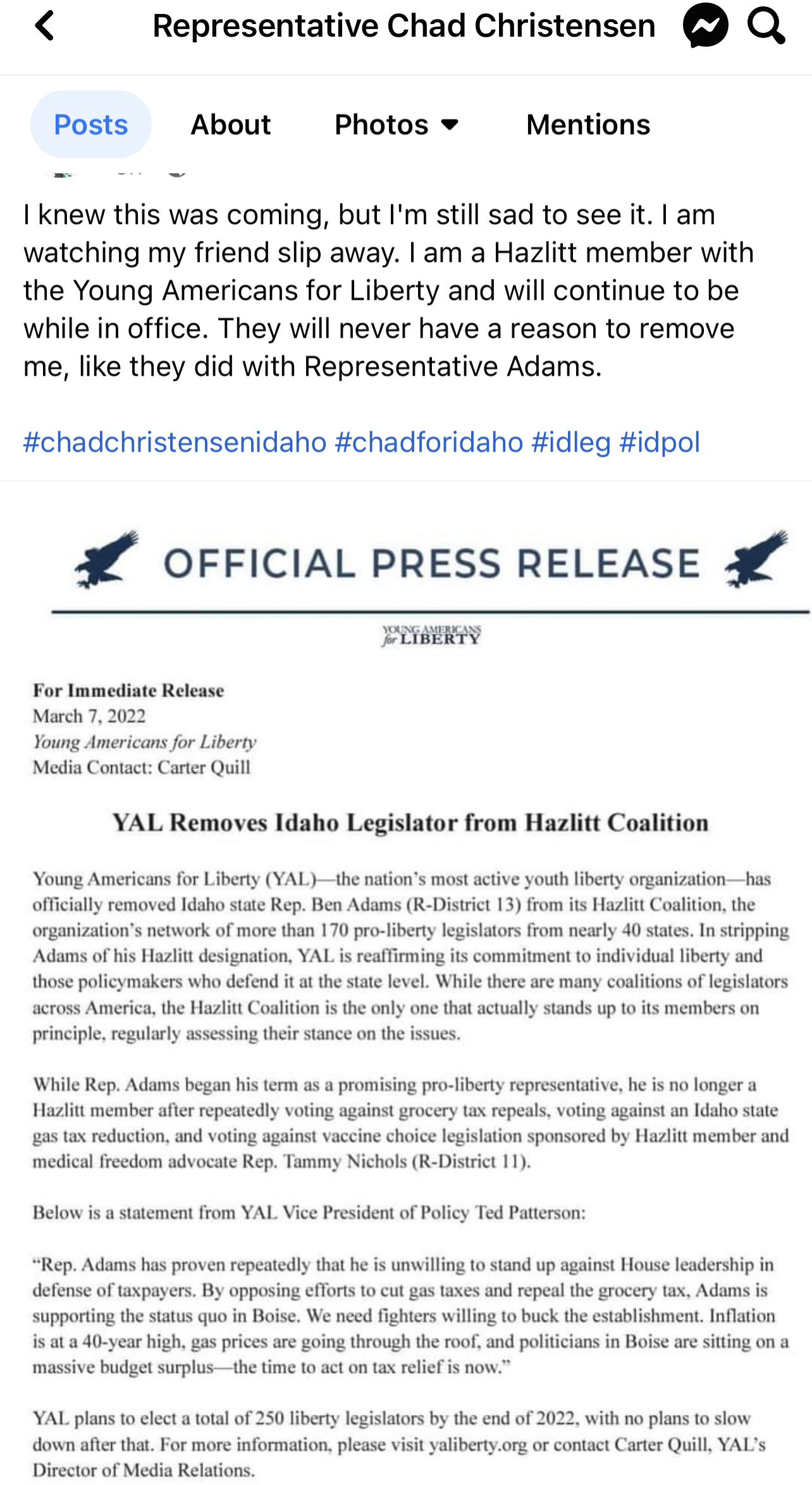 Representative Chad Christensen post